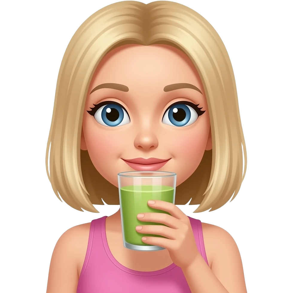 Medium length hair straight blonde in pilates instructor in pink drinking matcha emoji