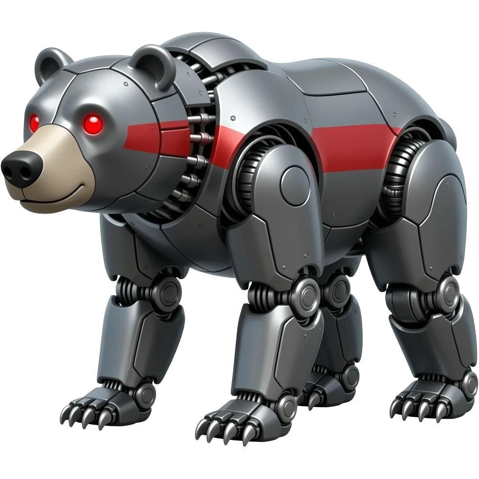 Completely mechanical grizzly bear, Gray metal snout, Hyper realistic, made of dark gray metal everywhere, with red markings on it's body and red eyes, (ALL GRAY METAL) emoji