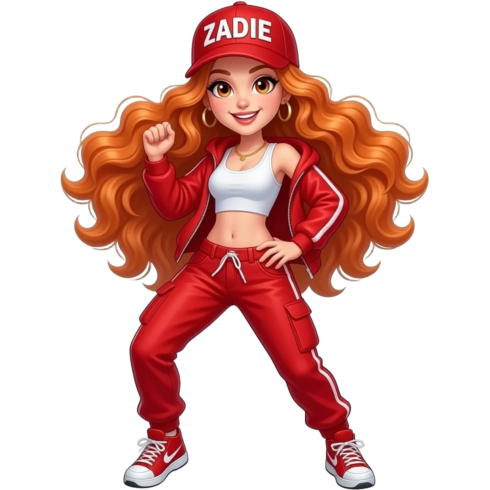 sexy girl with long wavy ginger hair and ginger eyes is wearing a red hip hop outfit and a cap with ZADIE written on it, is dancing, the full body is to seen emoji