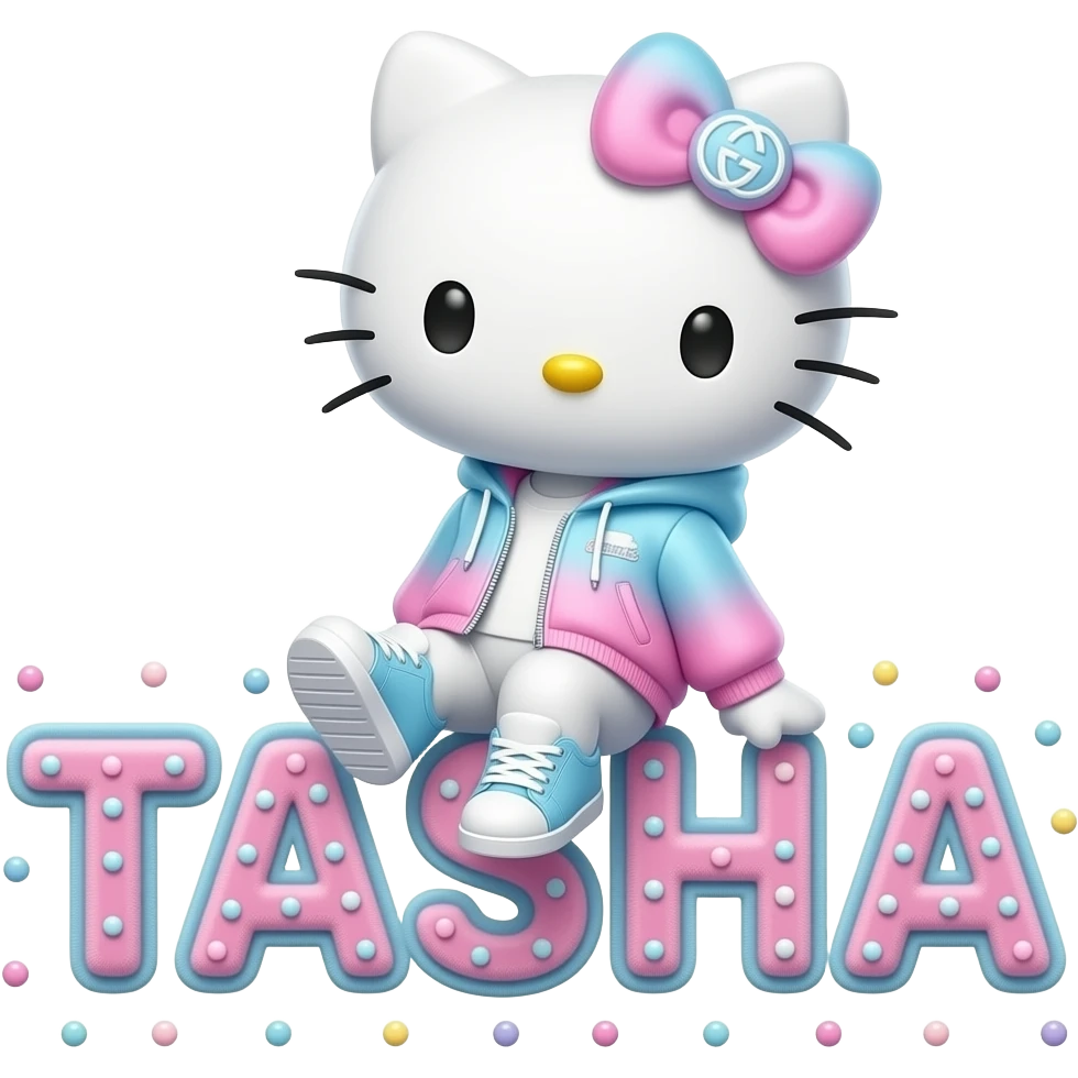 4D Velvety fur hello kitty wearing ombre white and blue and pink ombre pastel colored jacket and sneakers, and with the Gucci symbol on her ombre pastel bow sitting sideways leaning back on top of the velvety 3D outlined letters TASHA surrounded with tiny ombre pastel dots made of candy emoji