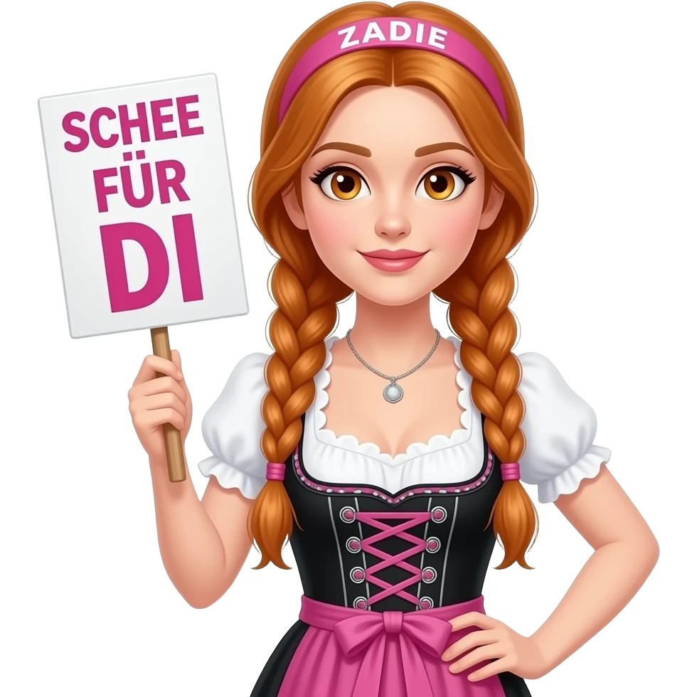 sexy girl with overlong ginger braids and ginger eyes wearing a black pink dirndl and a pink headband with ZADIE written on it, is holding a sign with SCHEE FÜR DI written on it emoji