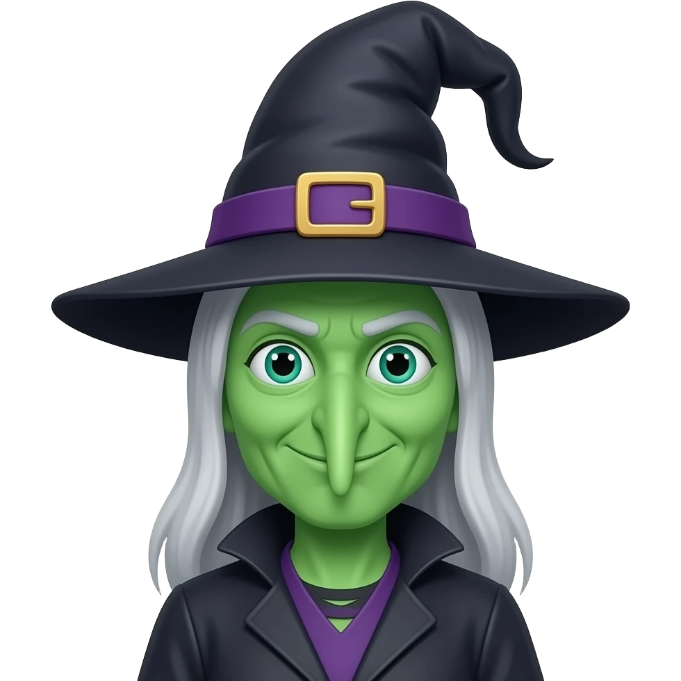 front bust shot of a green skin long nose witch emoji