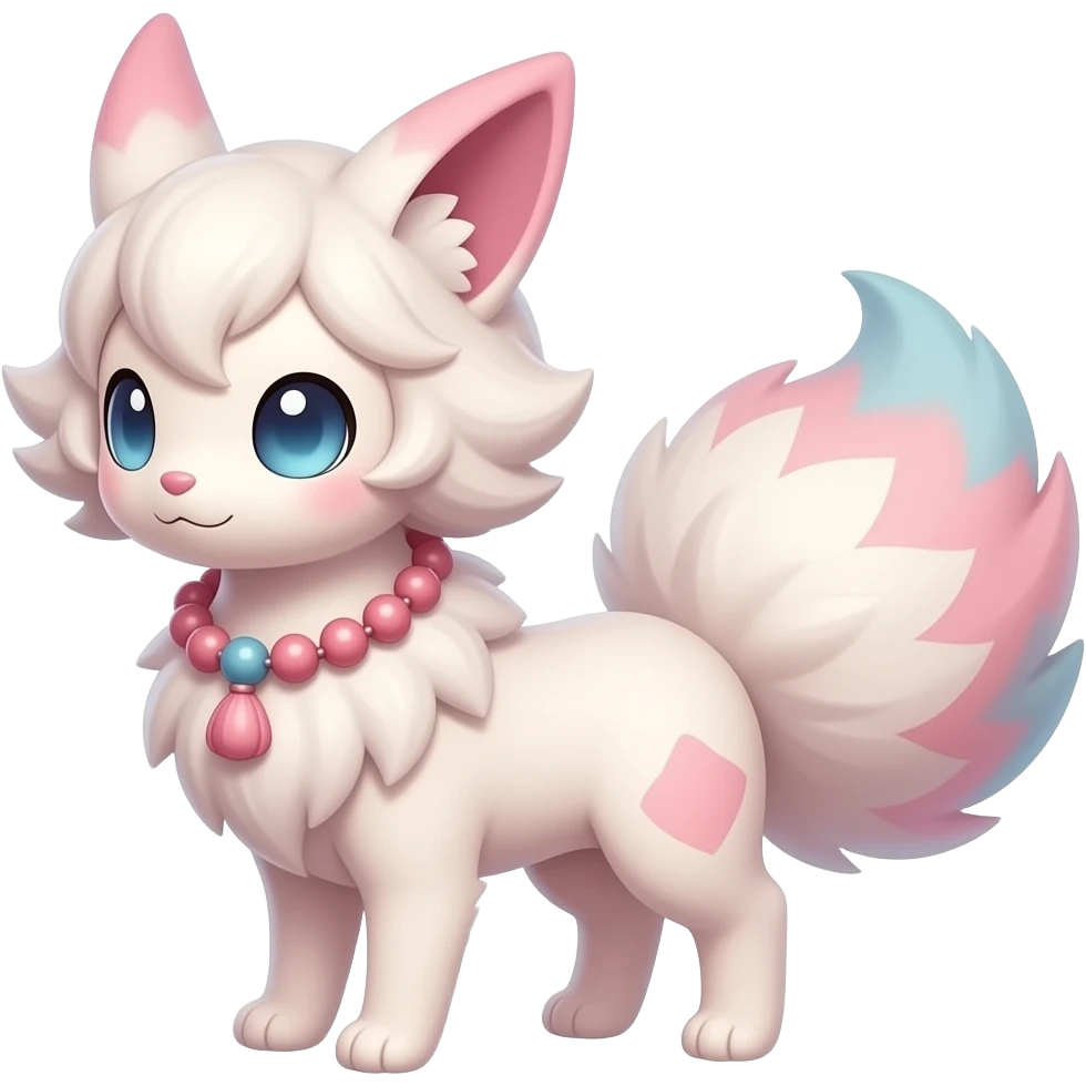 Fuzzy slim oriental feathery long-haired beaded mane cozy rosy aesthetic feathery Rosy beautiful Sylveon-Furret-Minccino-Espeon-Fakémon-hybrid emoji