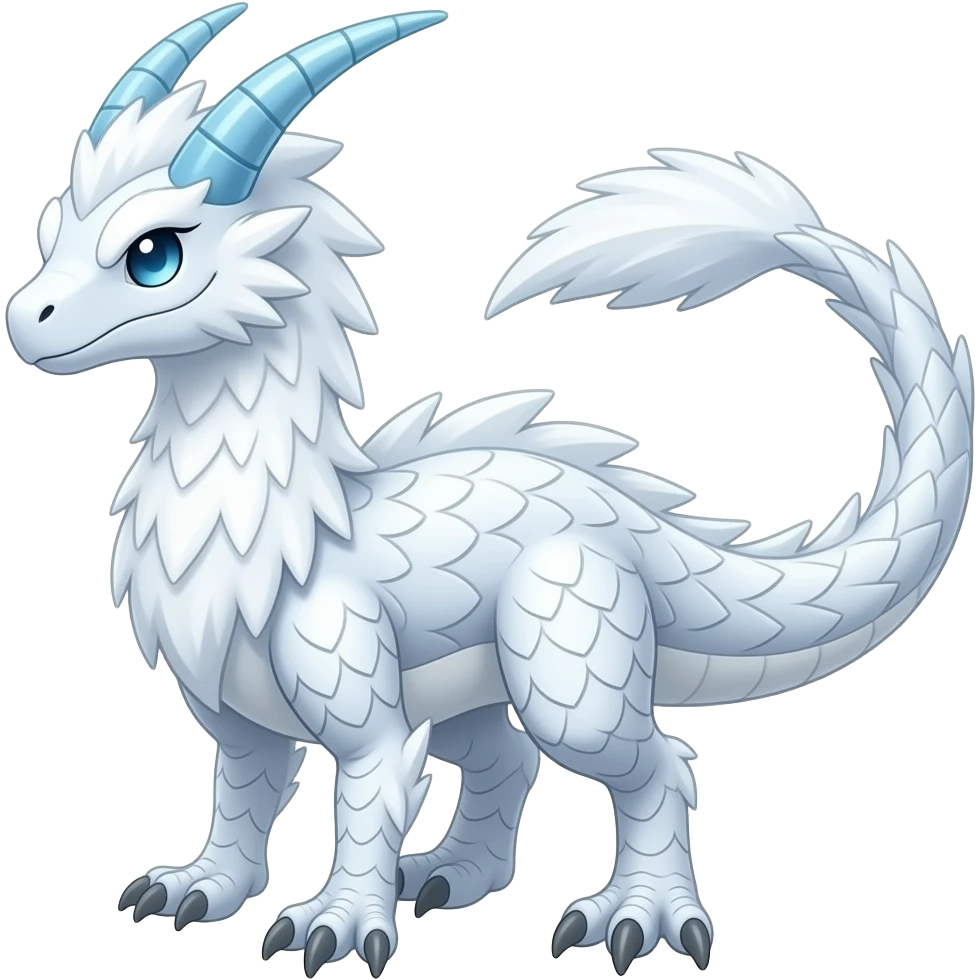 Cold cool icy wintery cozy furry fluffy snowy white albino flaky beautiful gorgeous attractive pretty Raptorik scaley feathery horned Amaura-Wargreymon-Aurorus-ExVeemon-WereGarurumon-Pokémon-Fakémon-hybrid-fusion-creature, full body emoji