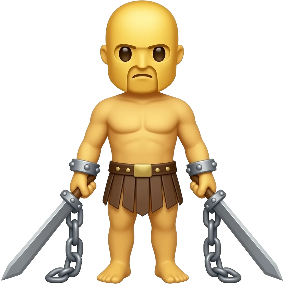 spartacus, minimal, full body, yellow skin, tipical emoji caracter style, more emojis style, more minimal, with weapons, more simplistic, emoji style, shackles on wrist with broken chains emoji