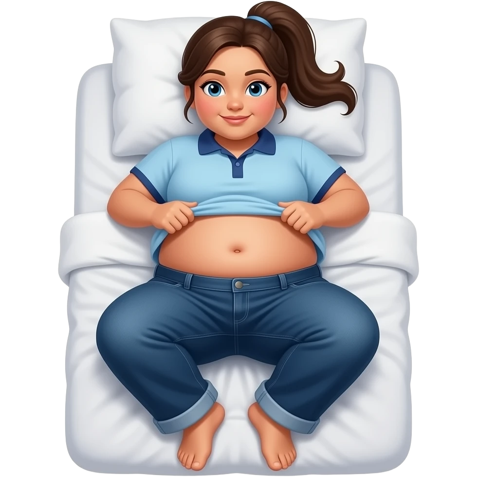 Obese Hispanic girl with brown ponytail and blue eyes plain light blue dark blue polo and dark blue baggy jeans and belly button laying down on her pillow on her bed showing her feet lifting her shirt all the way up with fat belly button rolling her belly emoji