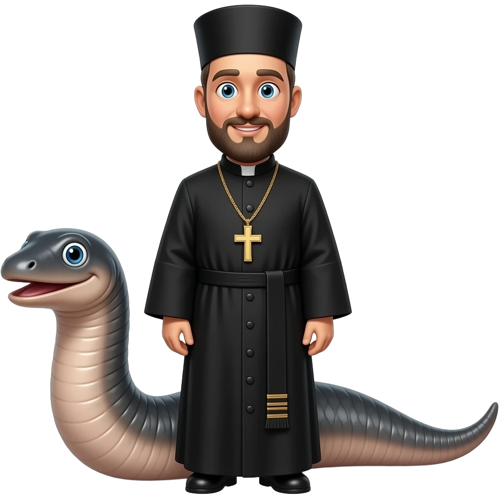 a greek othodox priest in black and a realistic funny long eel emoji
