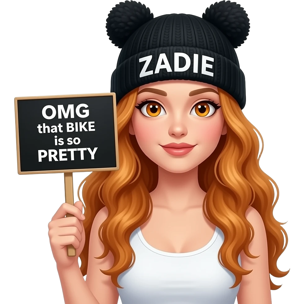 sexy girl with overlong wavy ginger hair and ginger eyes wearing a white tanktop and a black pom pom hat with cat ears with ZADIE written on it is holding a black sign with OMG that BIKE is so PRETTY written on it emoji