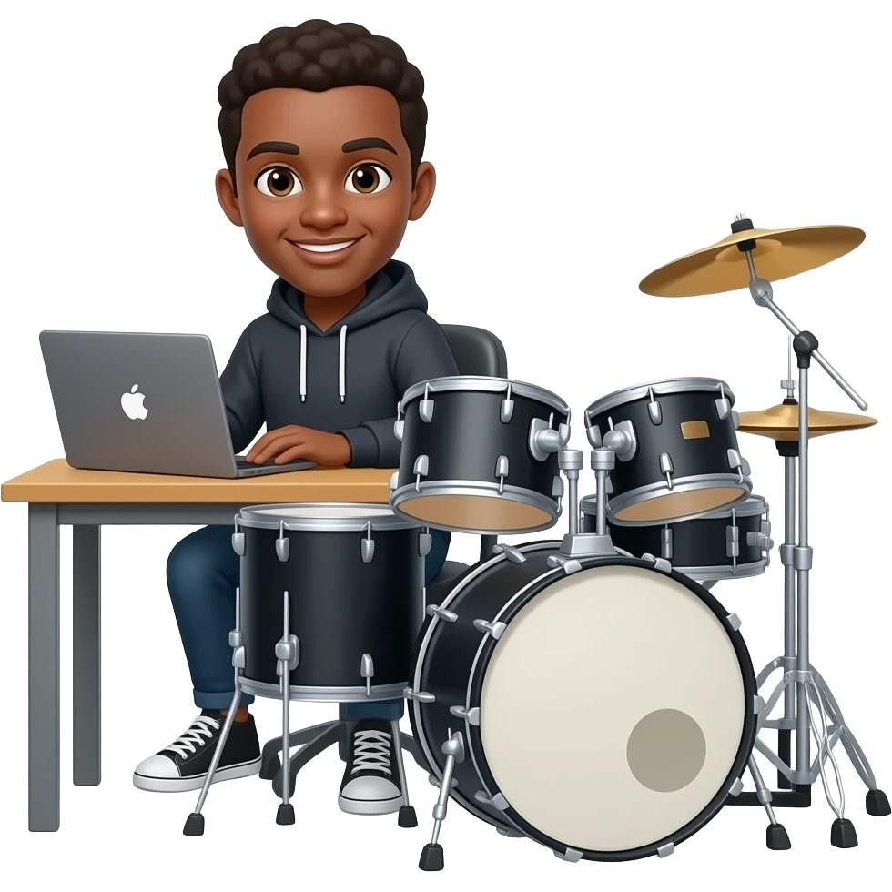 a dark skinned guy in a hoodie who is a has a computer and drums emoji