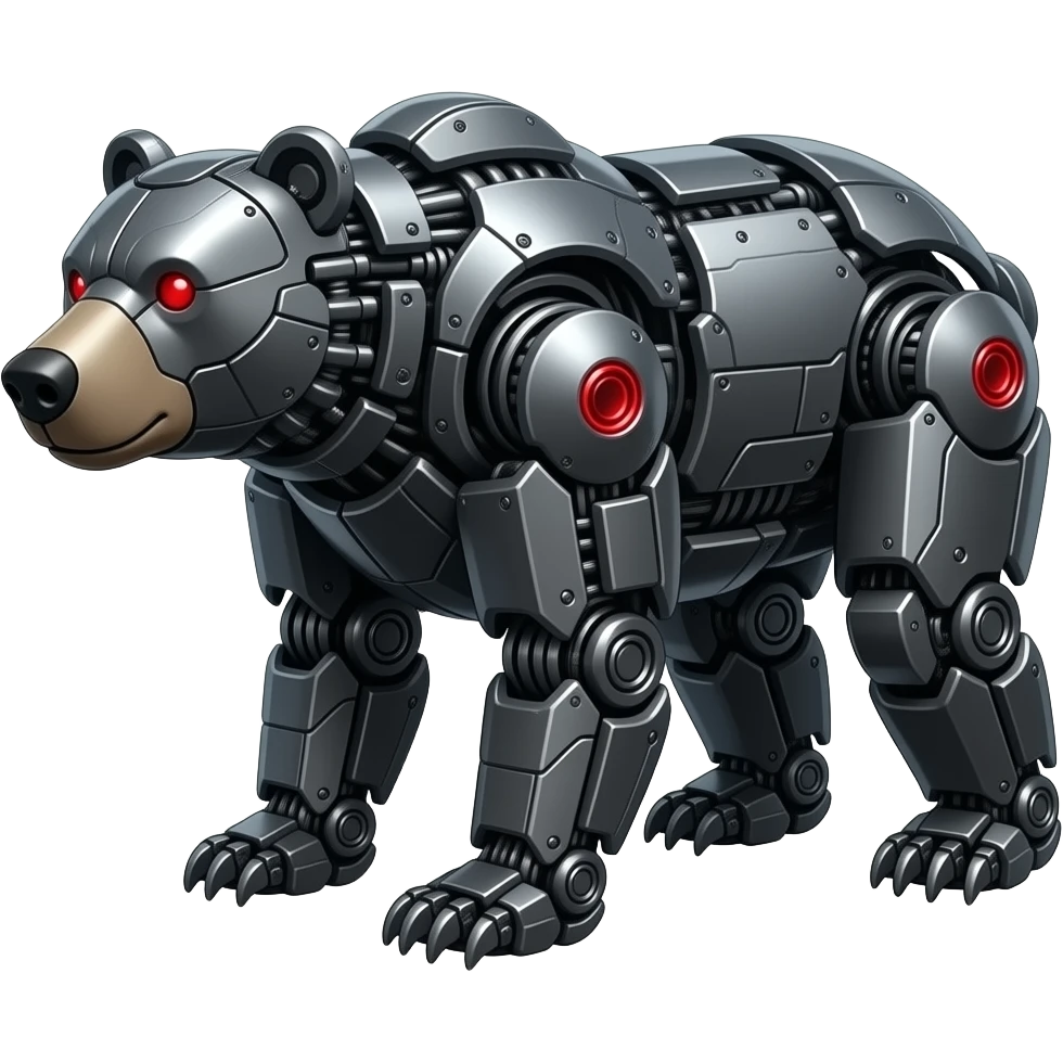 Completely Mechanical grizzly Bear made of dark gray metal with red markings on it. emoji