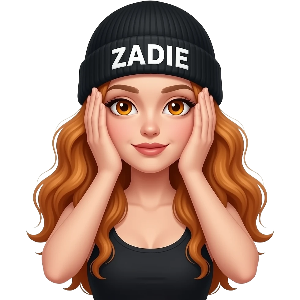 sexy girl with overlong wavy ginger hair and ginger eyes wearing a black tanktop and a black beanie with ZADIE written on it, is covering her eyes with her hands emoji