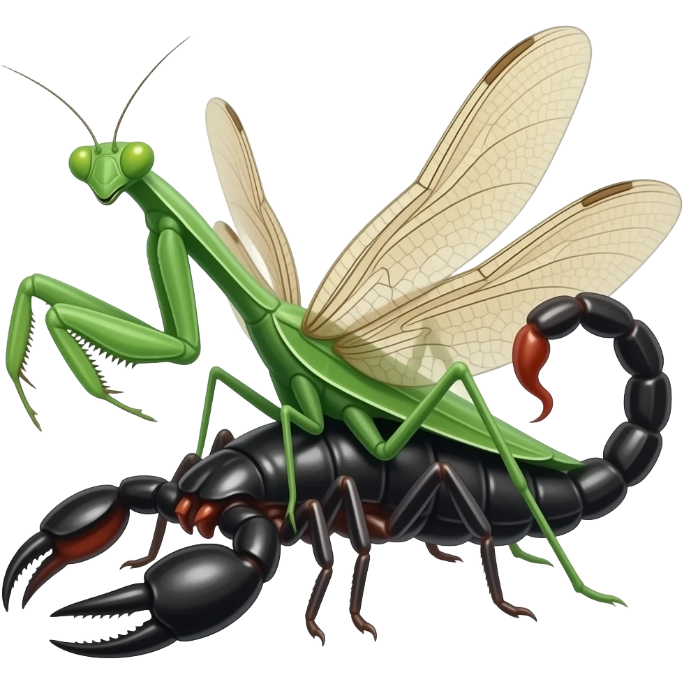 A praying mantis torso on a black widow body with dragonfly wings, a scorpion tail and pinchers. emoji