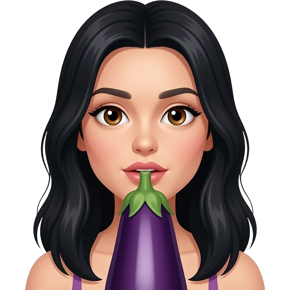 Long Black hair brown eyes licking a big eggplant emoji