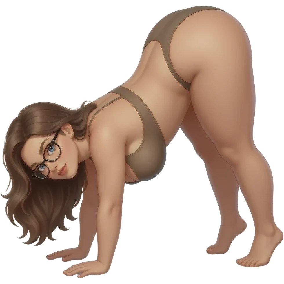 sexy, tan, nude, naked, any hair color, any eye color, glasses, big booty, big ass, PAWG, perfect body shape and figure, in a sexual pose, emphasizing on being a PAWG, huge breast with cleavage, big perfect ass, tiny waist, in a downward dog pose about to ride, emphasizing ass, thong emoji