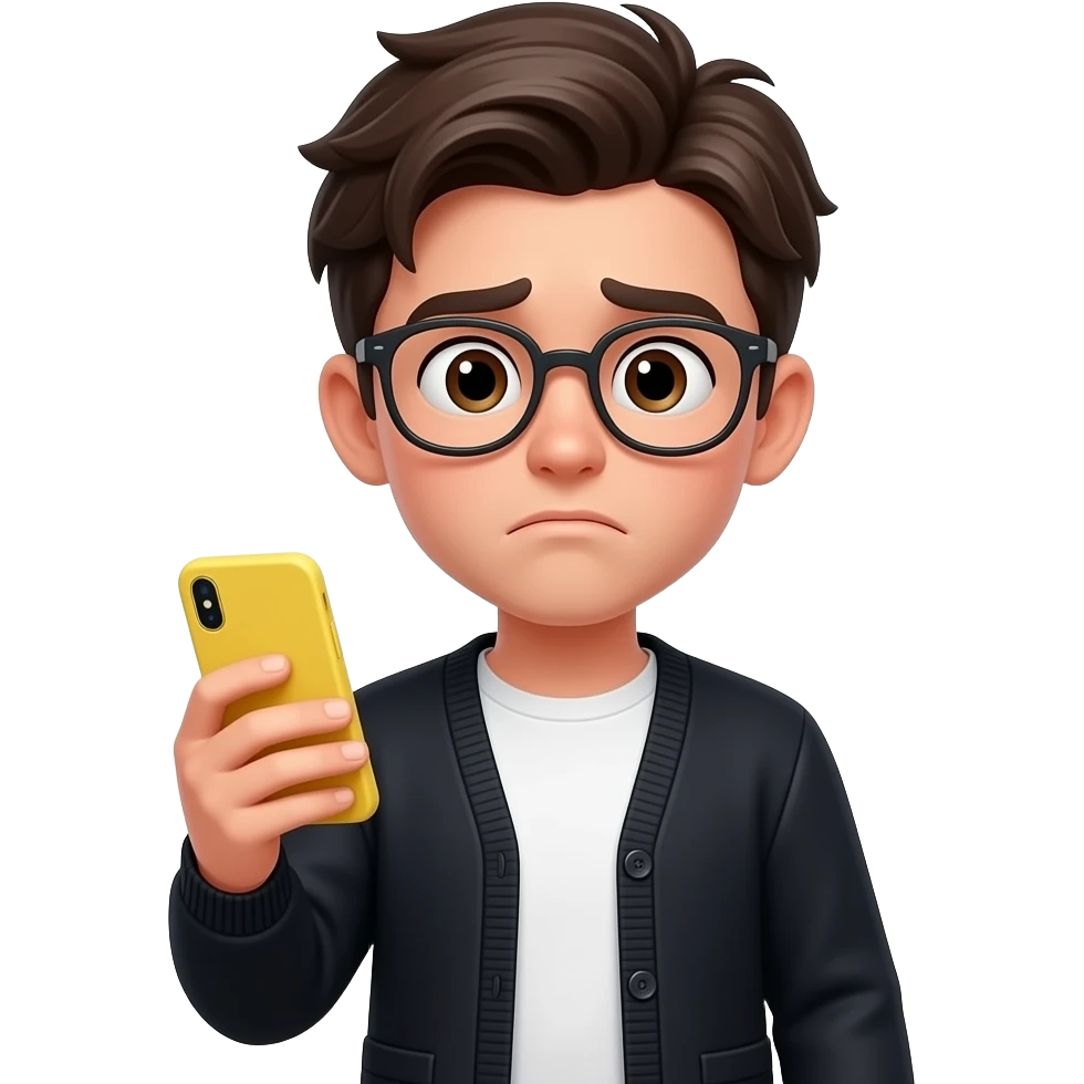 boy dark middle parted hair with glasses with confuse expression while looking directly to his yellow phone in the right hand wearing black cardigan with white inner shirt emoji