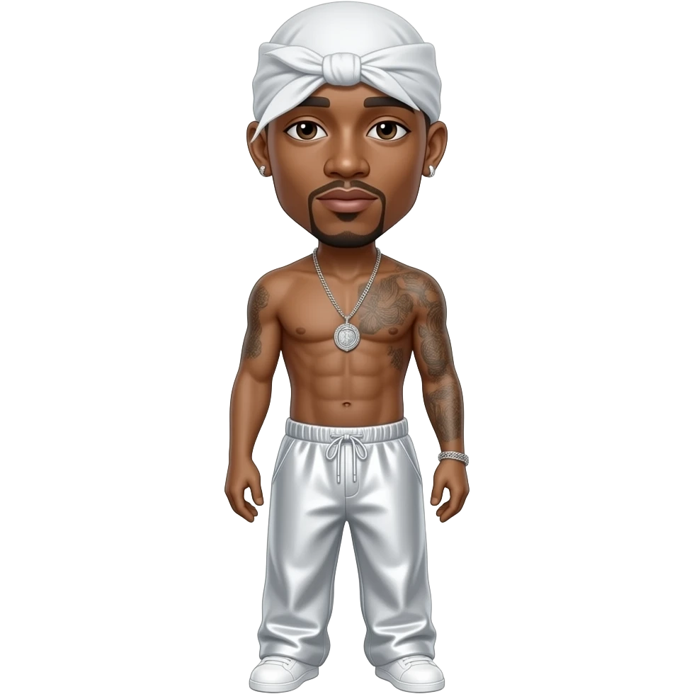 Tupac with dark brown eyes, bald, white headscarf, white metallic baggy loose pants, shirtless with necklace and earrings emoji