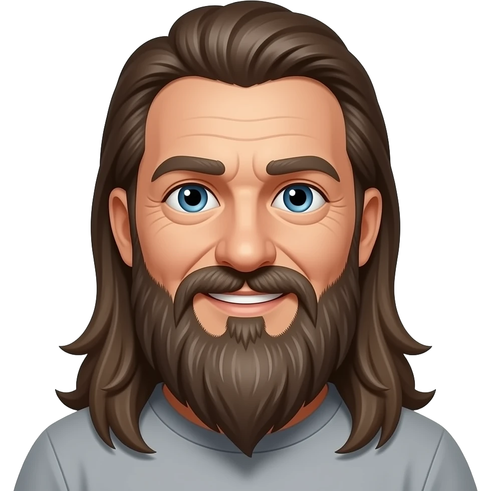 Long brown hair blue eyes long 60 year old b8g bushy long grey beard stoner happy with very long hair straight back emoji