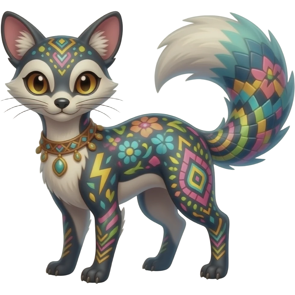 Colorful scaly soft spunky elegant thin Realistic tall slim unique fantasy original shiny smooth soft flurry edgy cool Civet-Absol-Sprigatito-Vaporeon-Fakémon-hybrid with tribal chevron heart floral lightning bolt strikes damask paisley markings emoji