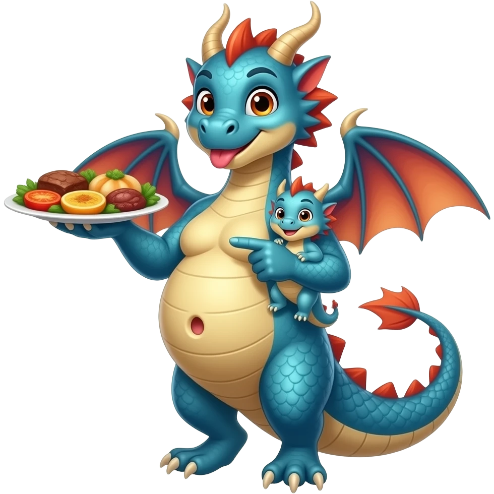 A female eastern dragon,enjoyed a great buffet,now she pretends she has a twin baby bump,she sticks out her big full stomach,she is just perfect pointing cutely at her food baby,it is a guessing game with her bun in the oven,but she knows she is just fat,her bellybutton makes agreement with clues. emoji