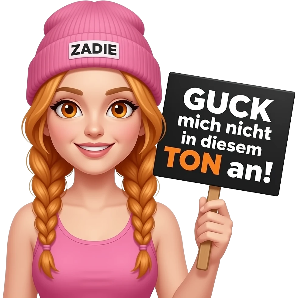 sexy girl with overlong ginger braids and ginger eyes wearing a pink tanktop and a pink beanie with ZADIE written on it, is holding a black sign with GUCK mich nicht in diesem TON an! written on it emoji