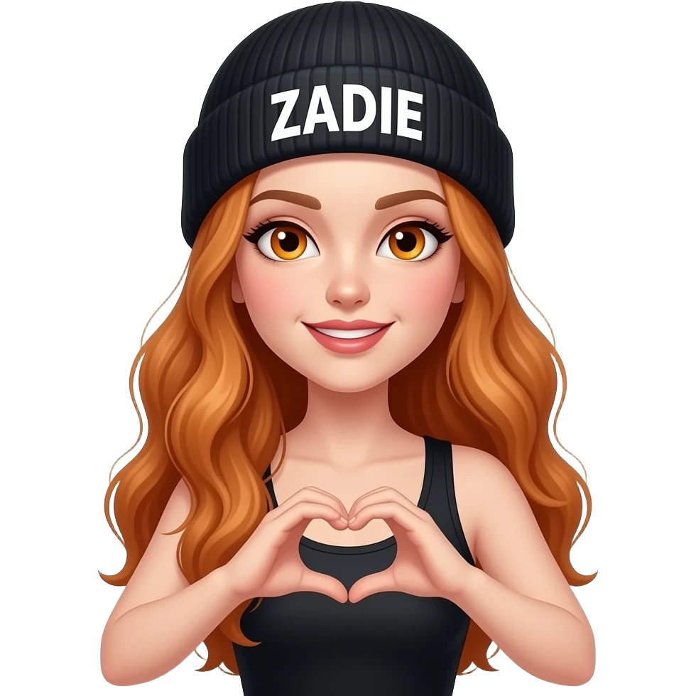 sexy girl with overlong wavy ginger hair and ginger eyes wearing a black tanktop and a black beanie with ZADIE written on it,  is making a heart with her fingers emoji