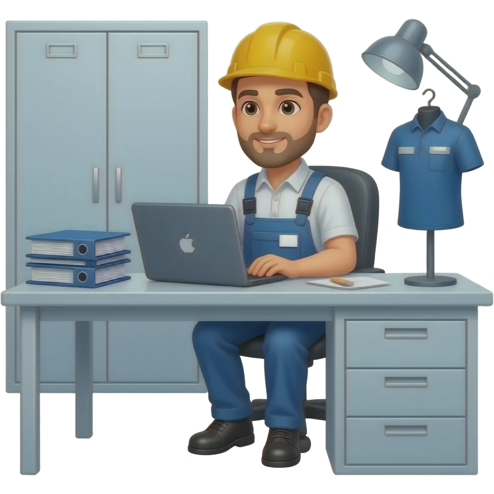garments factory Office staff emojis working in the desk, he have a laptop, some files on his desk, a office cabinate will have behind him emoji