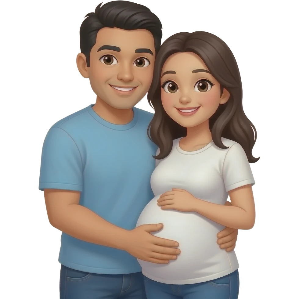 Black hair Hispanic man hugging black hair pregnant asian girl emoji