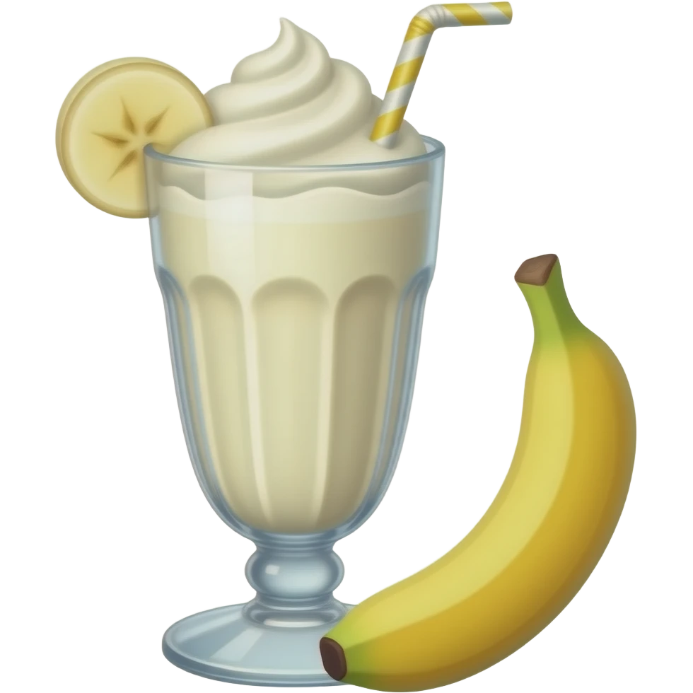 Banana Milkshake, old 50s style milkshake glass, banana slice in side of glass, yellow striped straw, , glass only emoji