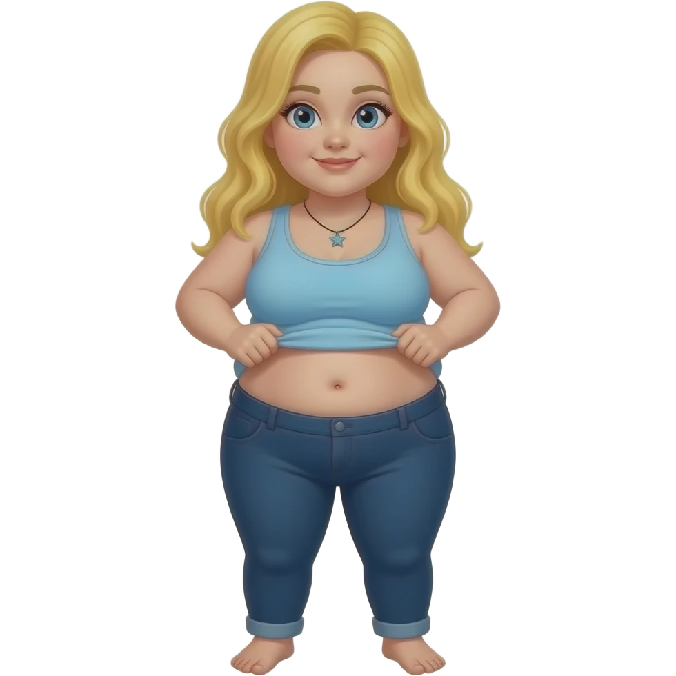 Chubby white girl blue eyes yellow long hair light blue tank top star necklace dark blue plain pants showing her feet lifting her tank top up to show chubby belly button emoji