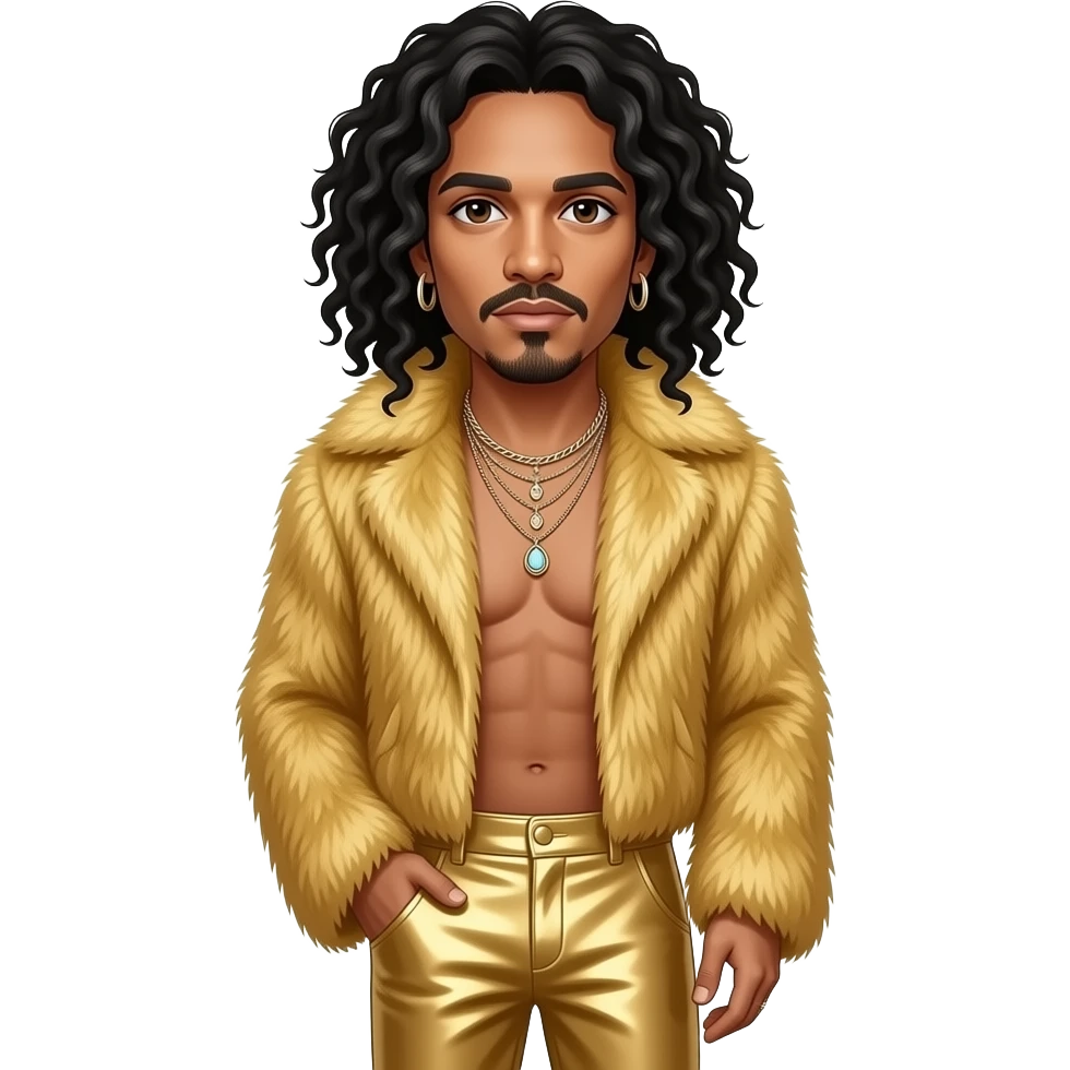 Lenny Kravitz with dark brown eyes, long black hair, gold fur shawl, gold metallic baggy pants, shirtless with necklace and earrings emoji