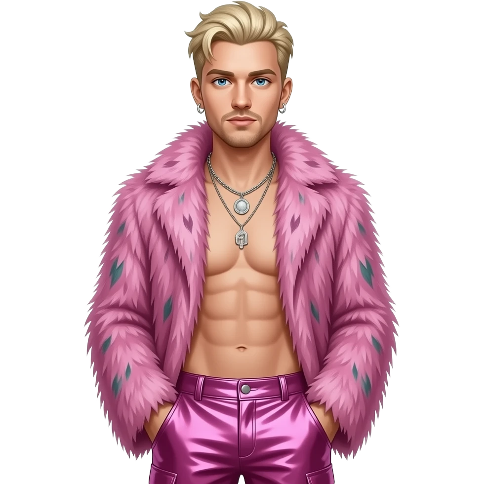 Machine Gun Kelly with blue eyes, dirty blonde hair, pink fur shawl, hot pink metallic baggy pants, shirtless with necklace and earrings emoji