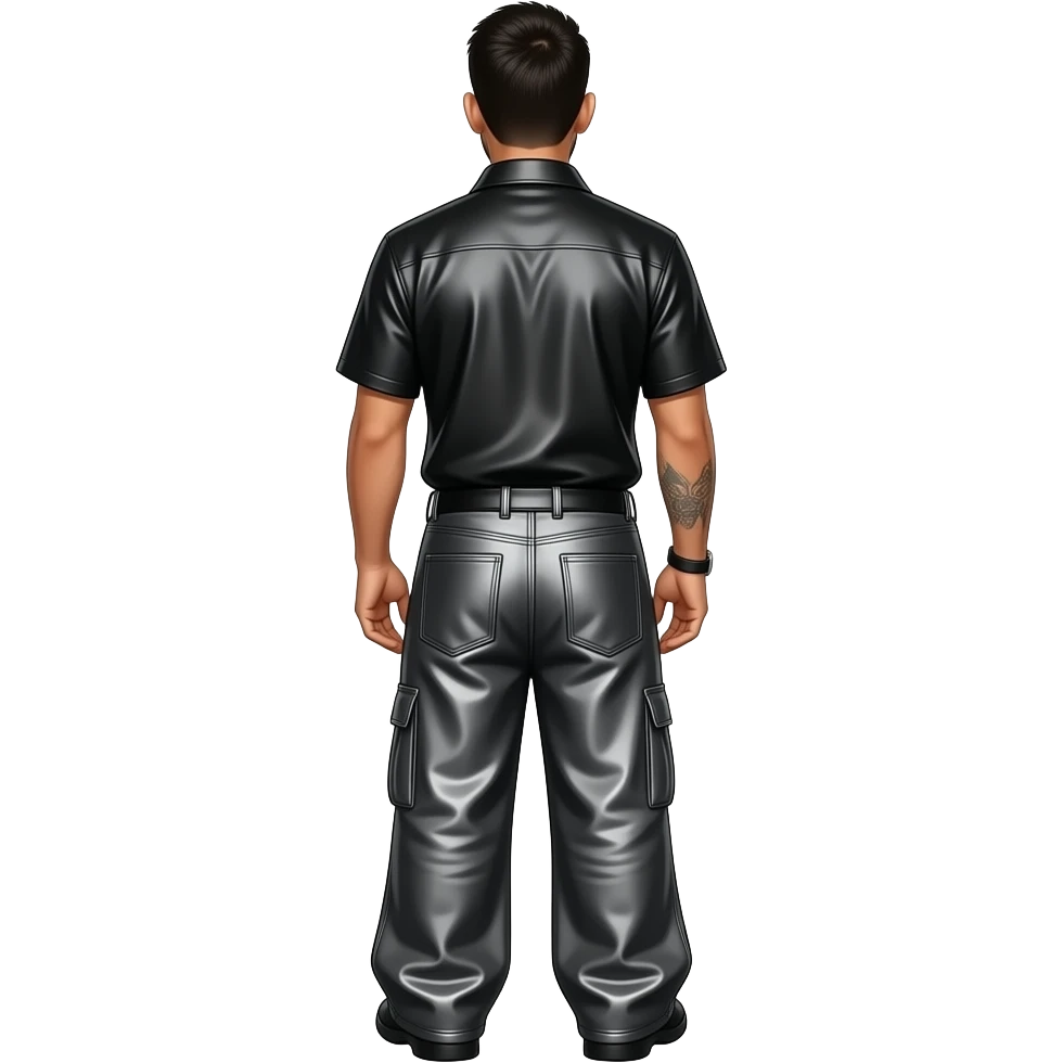 Chino Moreno from behind with black metallic shirt, dark gray metallic baggy pants emoji