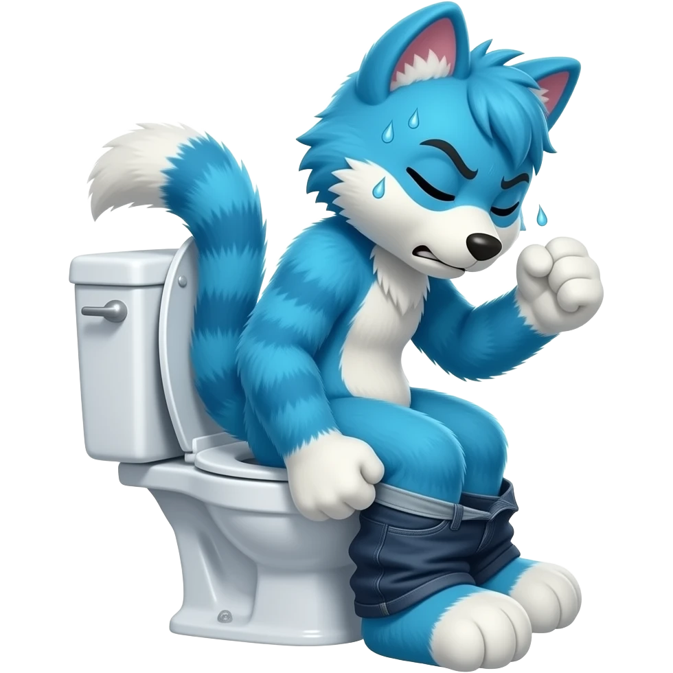 blue fursuit sitting on toilet, side view , pants down, pushing, eyes closed, straining face, , sweating, fists emoji