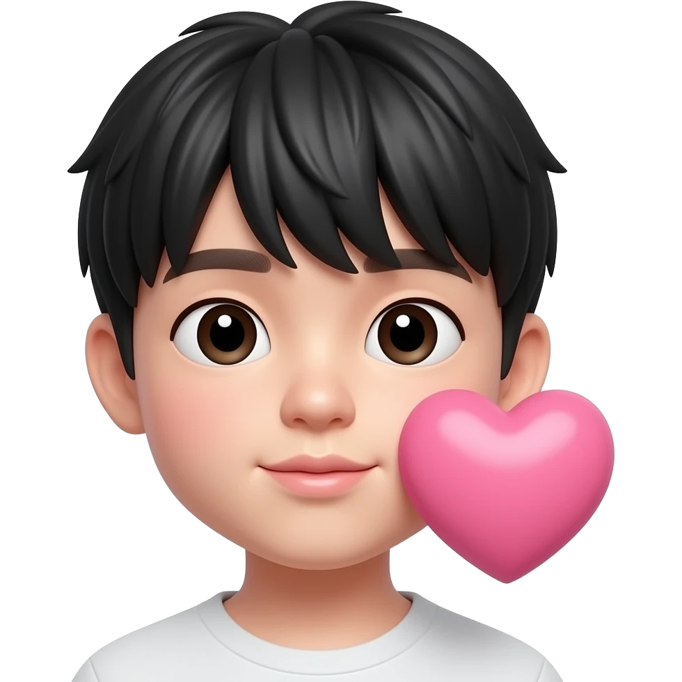 Sending kiss Cute Korean boy emoji, soft black straight bangs, pale skin, 😘 blowing lips, gentle round eyes, sending a big 3D pink heart near cheek, glossy 3D Pixar-style render, realistic Korean idol vibe, just face only emoji