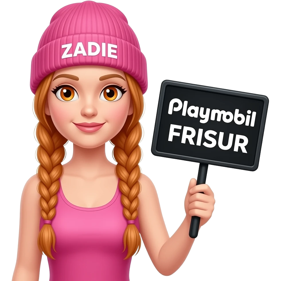 sexy girl with overlong ginger braids and ginger eyes wearing a pink tanktop and a pink beanie with ZADIE written on it, is holding a black sign with Playmobil FRISUR on it emoji