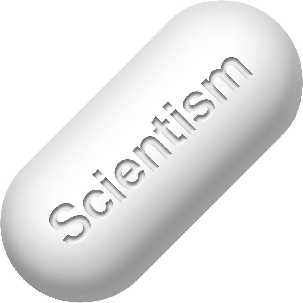 A "SOLID" oblong white pill with "Scientism" engraved in it at a 45 degree angle emoji