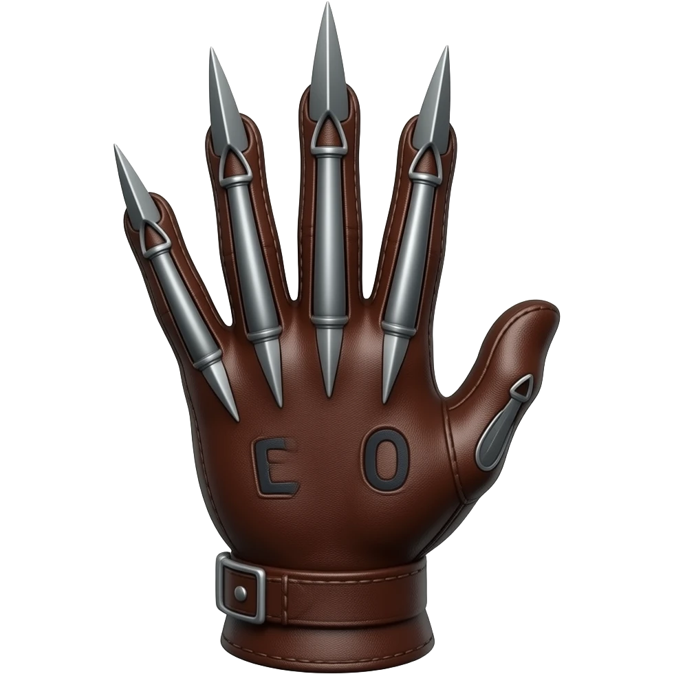 Freddy Kruger Glove, brown leather, large sharp blades attached vertically to the back of the fingertips, emoji