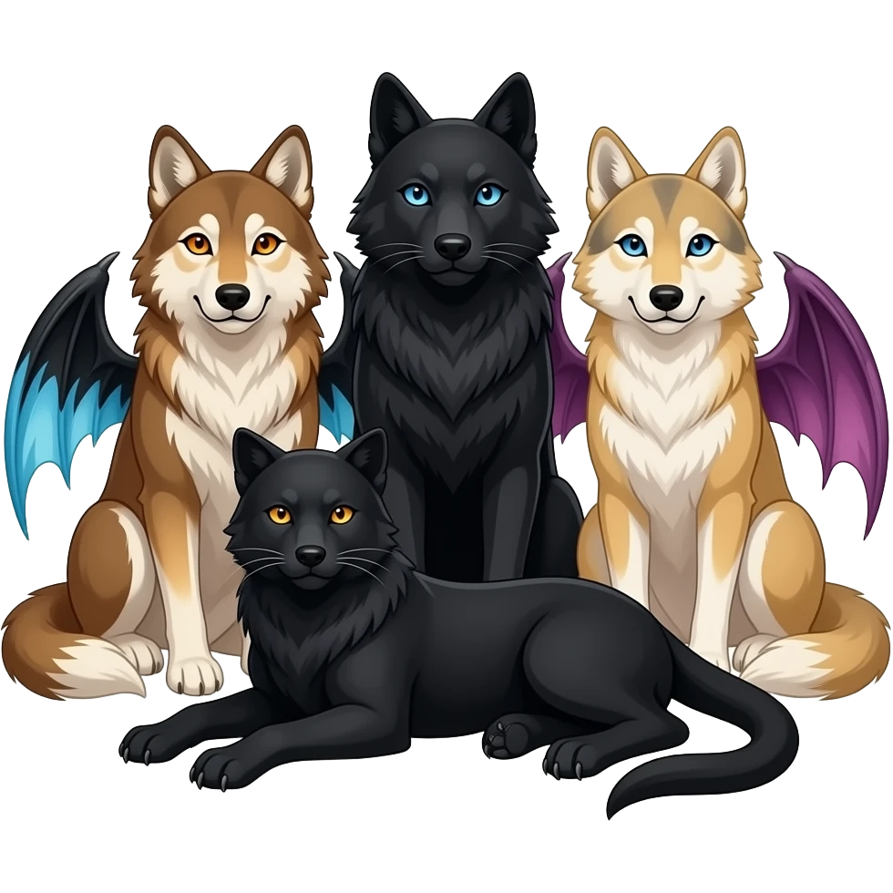Three wolves are sitting together with a black panther with golden eyes lying at their feet. One wolf russet brown with orange eyes and black, white, and blue crow wings. The middle wolf is all black with blue eyes, and the last wolf is tan with blue eyes and purplish draconic succubi wings. emoji