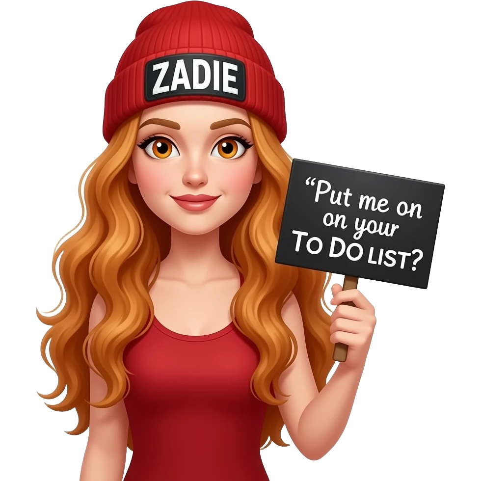sexy girl with overlong wavy ginger hair and ginger eyes wearing a red tanktop and a red beanie with ZADIE written on it, is holding a black sign with Put me on your TO DO LIST written on it emoji