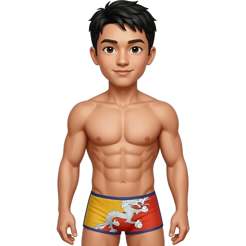 upper body (thighs-up) young male with bhutanese small head, face, hair, and body standing with muscular build in thin, narrow thong with bhutan flag theme emoji