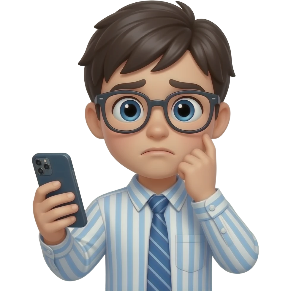 boy dark middle parted hair with glasses with confuse expression while looking at his phone in the left hand wearing blue stripes formal shirt emoji
