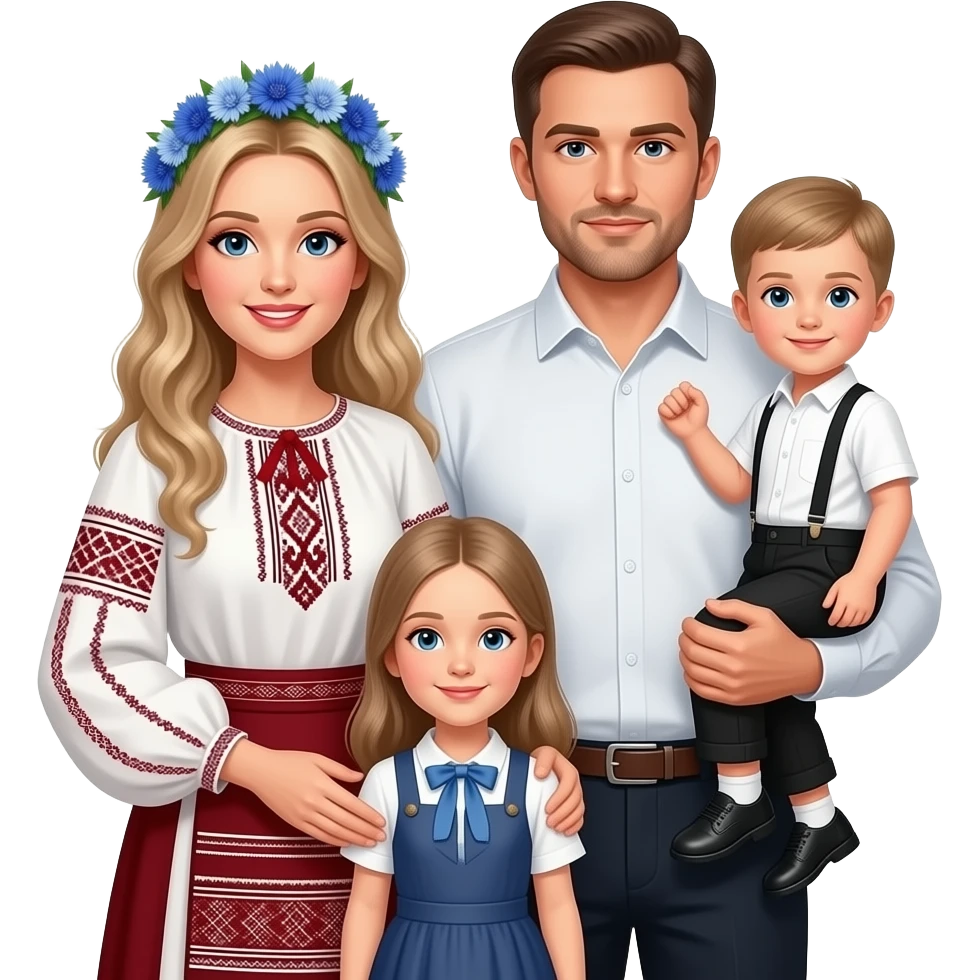 мультяшная семья мама в белорусской национальной одежде на голове у нее светлые длинные светлые волосы и венок из васильков папа в рубашке белого цвета  и черных брюках держит на руках маленького мальчика в белой рубашке с коротким рукавом черных брюках с потяжками, девочка стоит рядом с мамой emoji