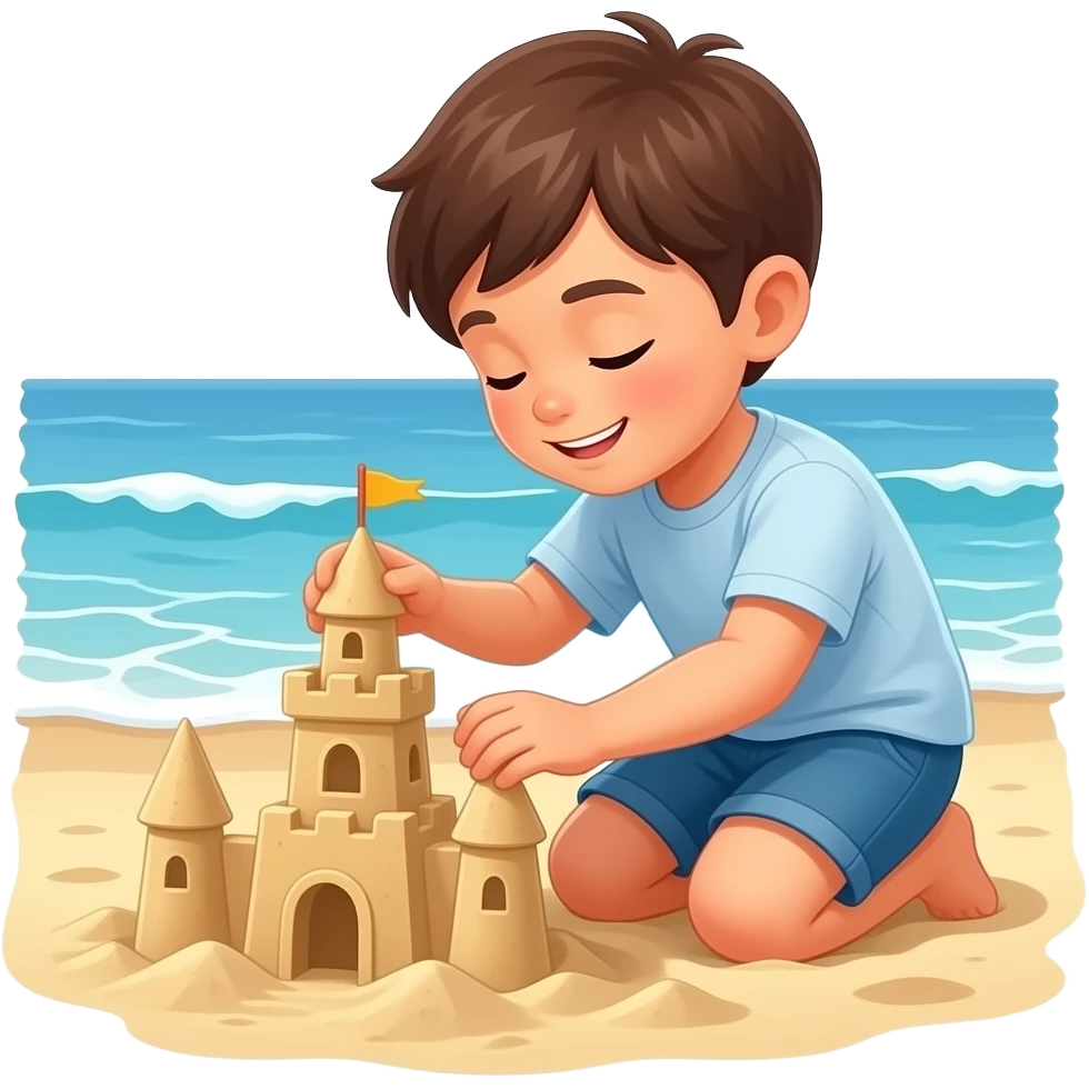 A kid makes a sandcastle at the seaside emoji
