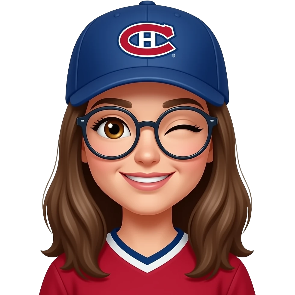 Winking Brown eyed Woman with long brown hair, round glasses where Montreal Canadians cap emoji