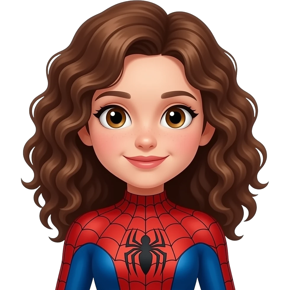Curly brown hair girl, light skin, wearing spiderman costume emoji