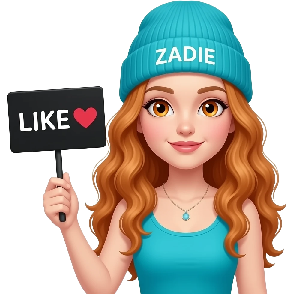 sexy girl with overlong wavy ginger hair and ginger eyes wearing a turquoise tanktop and a turquoise beanie with ZADIE written on it, is holding a black sign with LIKE ❤️  written on it emoji