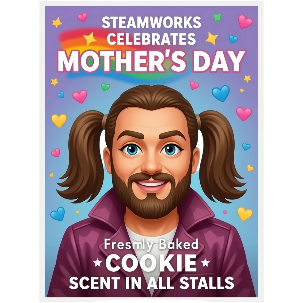 Poster for SteamWorks gay bathhouse with the text: "SteamWorks, celebrates Mothers Day" + "Freshly baked cookie scent in all stalls." With bearded drag queen mom, no women  theme. emoji