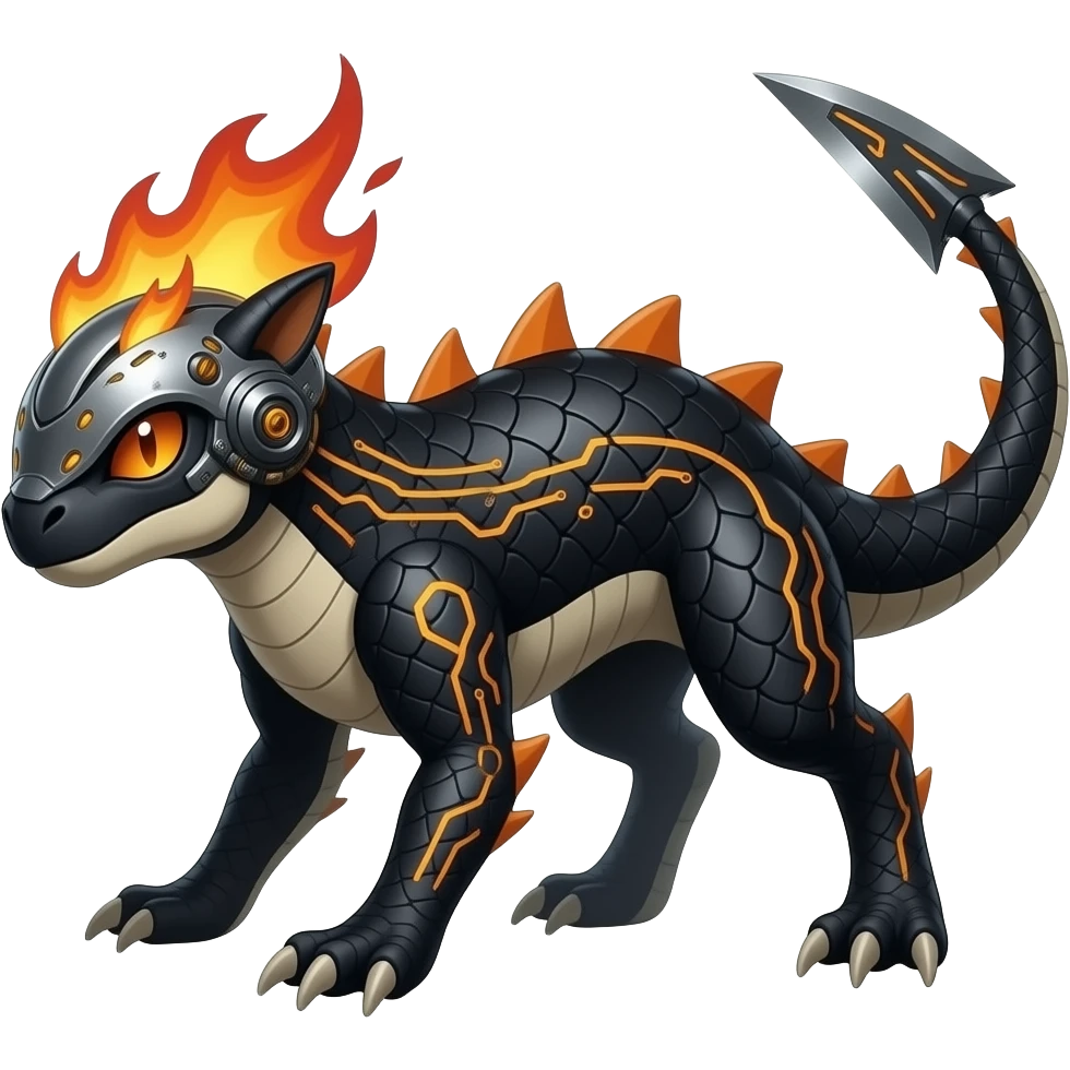 Cool edgy fiery bipedal scaly cybernetic visor-helmeted, Circuitry-patterned black-scaled digitigrade futuristic fantasy-Cyberpunk-Steampunk-Solarpunk-Sharpedo-Gible-Genesect-Cyclizar-Salandit-Protogen-Fakémon-hybrid, tail blade, back spikes emoji
