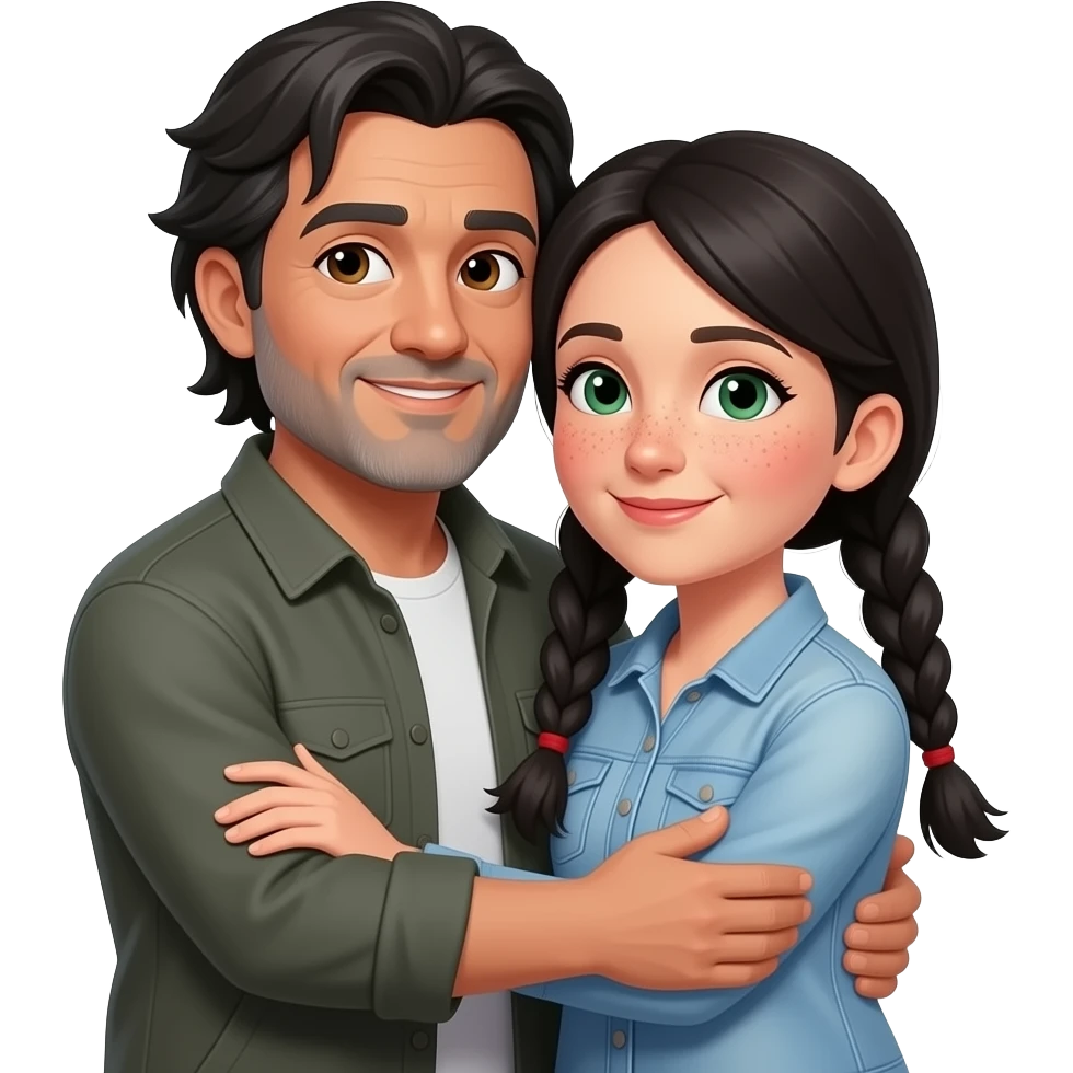 Black haired middle aged guy with floppy straight bangs, brown eyes olive skin and gray beard hugging a black hair middle age woman with long pigtails, red cheeks, freckles and  green eyes emoji