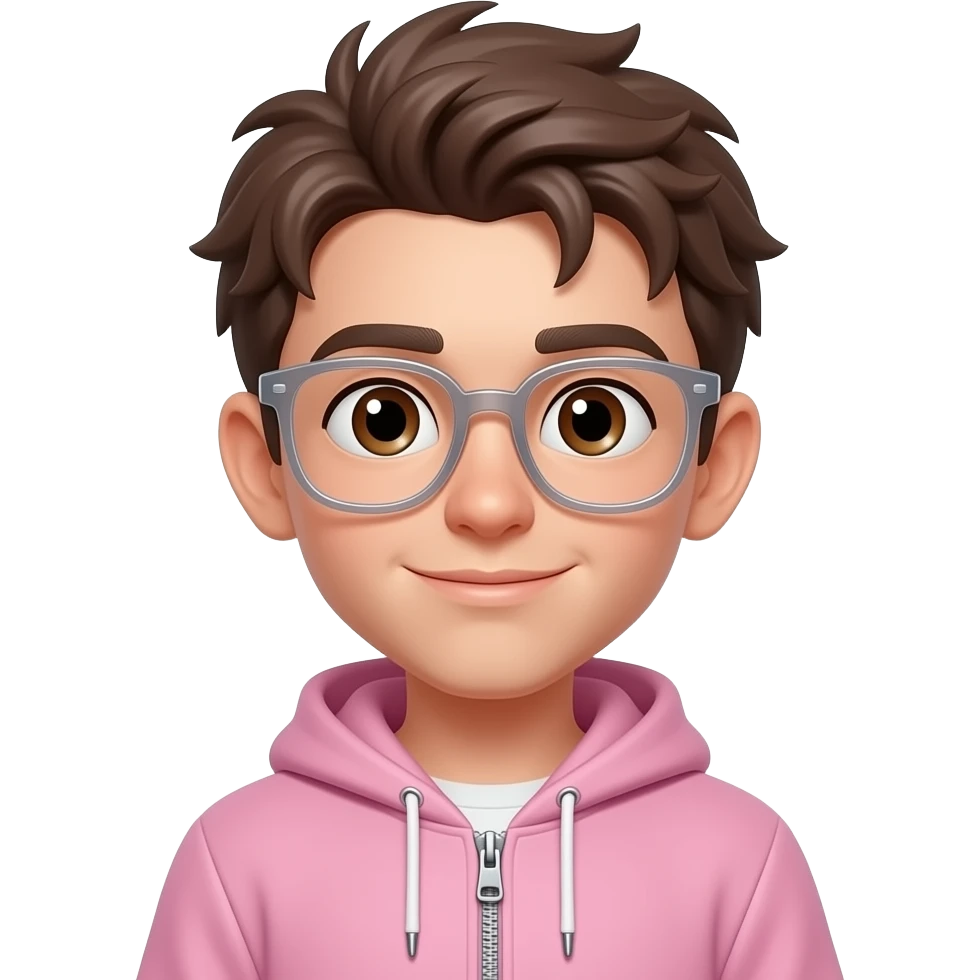 Un garçon avec une tête un peu longue ovale et pas ronde  la peau beige des yeux marrons les cheveux de la même couleurs un peu en pagaille des lunettes transparente un hoodie un peu large rose pale avec un fermeture éclair et sans petit fils emoji
